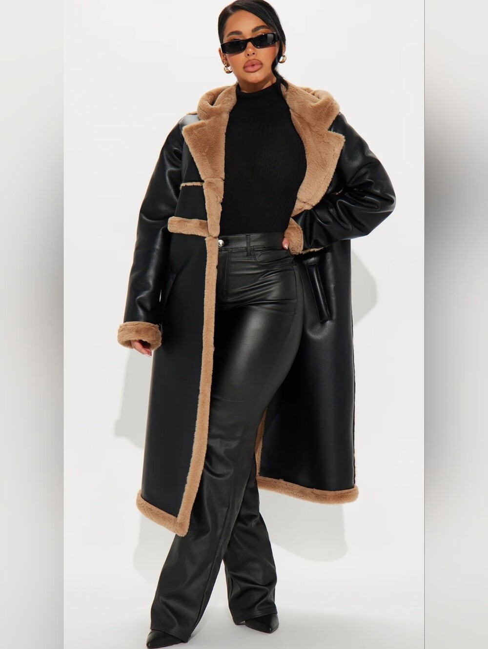 Fashion Nova 1X Reversible Faux Leather Faux Fur Long Hooded Coat NWT